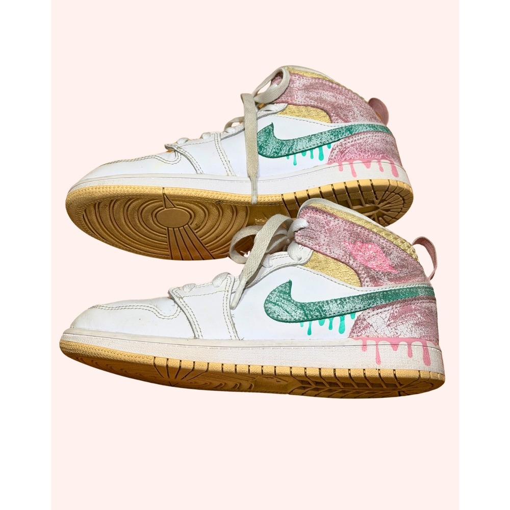 Nike Air Jordan 1 Mid SE Paint Drip Kids 3Y White Pink Green DD1667-100